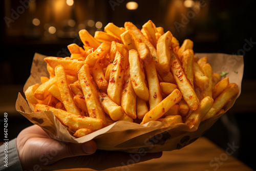 salty fried fries in paper bag fast food
