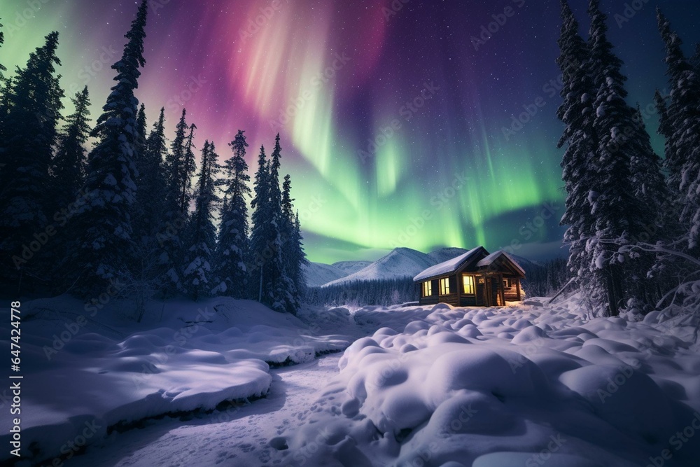 A snowy landscape with cabin and aurora bore in sky and foreground. Generative AI