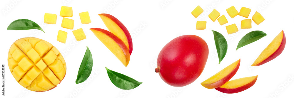 Mango fruit half with slices isolated on white background. Set or collection. Top view. Flat lay Mango fruit half with slices isolated on white background. Set or collection. Top view. Flat lay