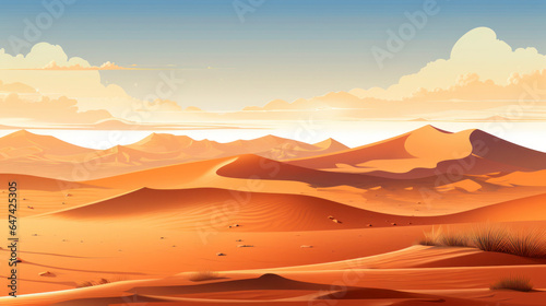 Sand dunes in the desert in the sun. Hot day. Flat illustration.