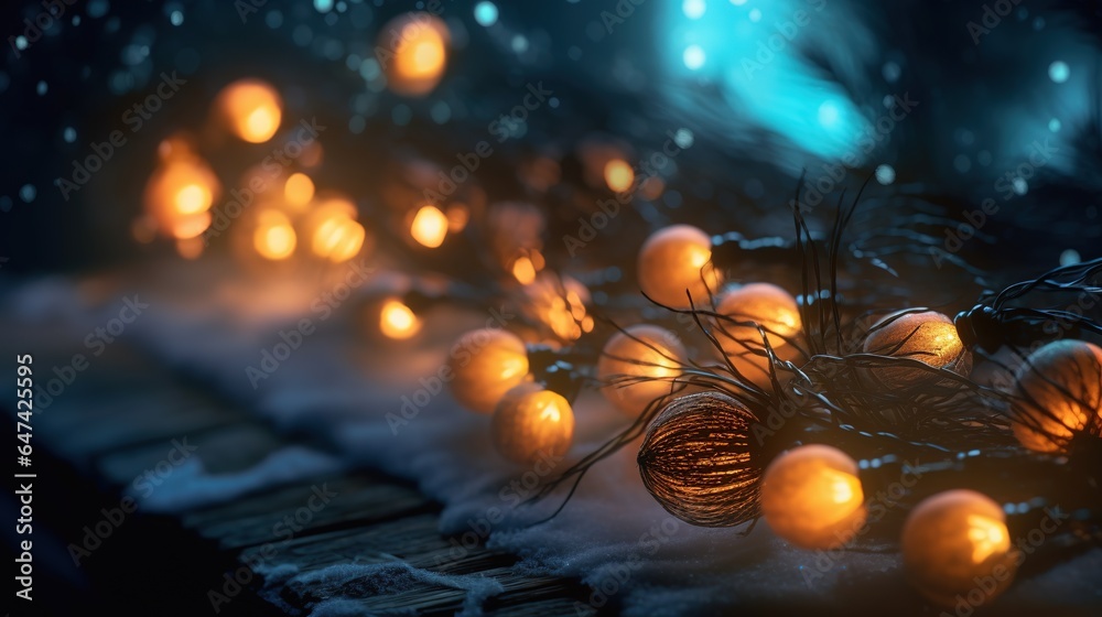 Christmas tree branches with glowing garland. Christmas lights. X-mas or New Year decor. Party event decoration. Generative AI. Illustration for banner, poster, cover, brochure or presentation. Christmas tree branches with glowing garland. Christmas lights. X-mas or New Year decor. Party event decoration. Generative AI. Illustration for banner, poster, cover, brochure or presentation.