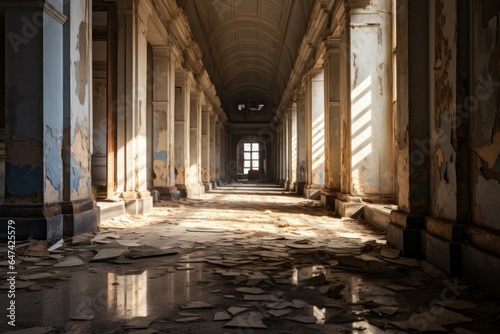 Decaying interior with a hint of light at the doorway. Generate Ai