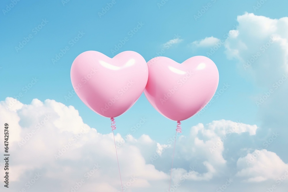 Minimal love concept, pink heart-shaped balloon, two balloons on blue sky with white clouds background, soft pastel colors, creative Valentine's Day. Generative AI
