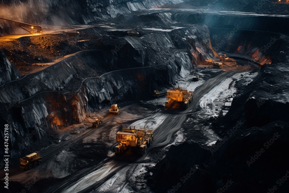 Overhead perspective of mining activity in a coal quarry. Generative AI