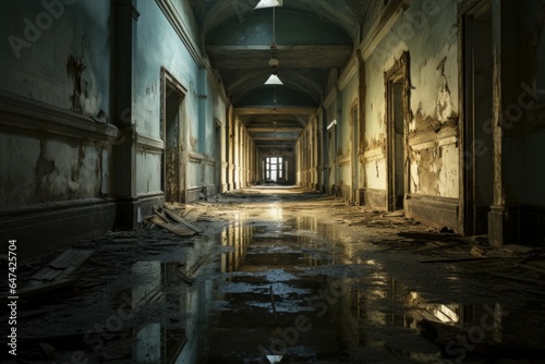 Old and abandoned corridor with a hint of light from the door. Generate Ai