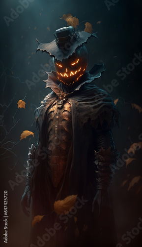 A spooky, scary figure of a scarecrow. Halloween nightmare. Ai generative