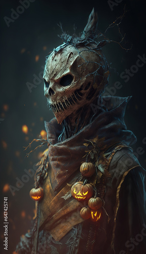 A spooky, scary figure of a scarecrow. Halloween nightmare. Ai generative © Ewa