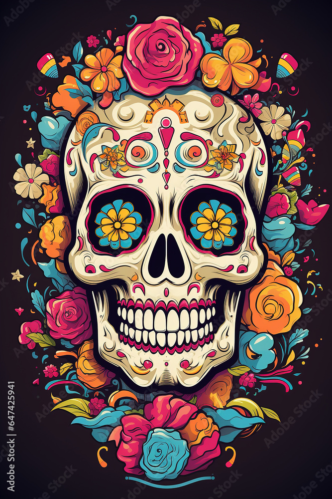 Naklejka premium Drawing illustration of an ornately decorated Day of the Dead sugar skull, or calavera.