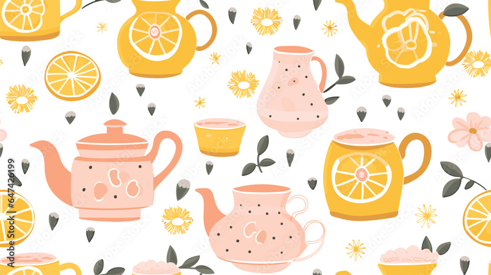 Teapots and mugs with tea, daisies and lemon on white background, vector seamless pattern in flat hand drawn style