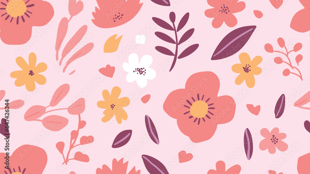 Vector floral seamless pattern in flat hand drawn style, cute flowers with leaves on pink background