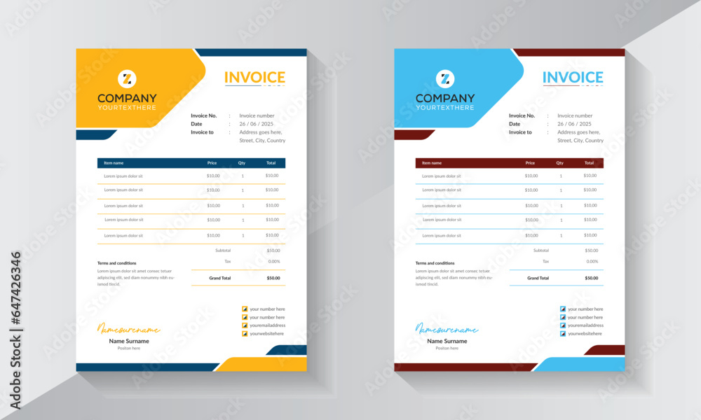 Invoice design for office and business purposes, invoices with two colour variations and calculation.