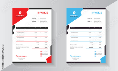 Invoice design for office and business purposes, invoices with two colour variations and calculation.