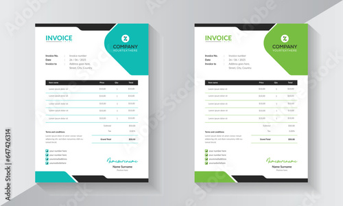 Invoice design for office and business purposes, invoices with two colour variations and calculation.