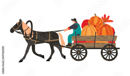 Village horse harnessed to a cart with pumpkins and a farmer.Cartoon characters and autumn harvest.Objects painted with textures.Print on fabric and paper.Vector illustration isolated on white. 