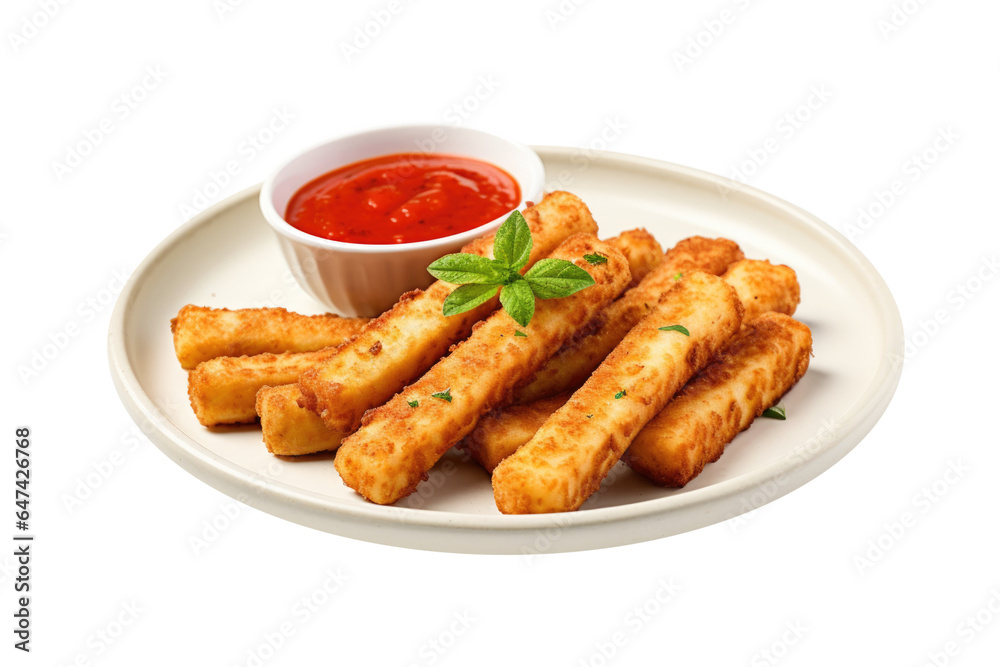 A Plate of Cheese Sticks and Marina Sauce Isolated on a Transparent Background