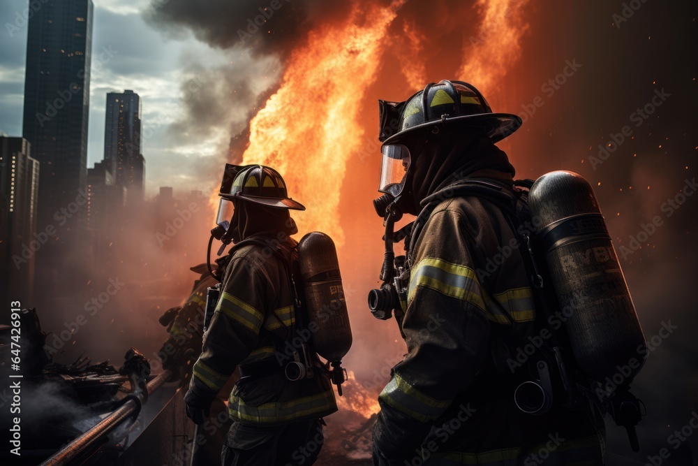A group of firefighters in full gear battling flames and smoke on a rooftop of a skyscraper that has been targeted in a terrorist attack, emphasizing teamwork and courage. Generative AI