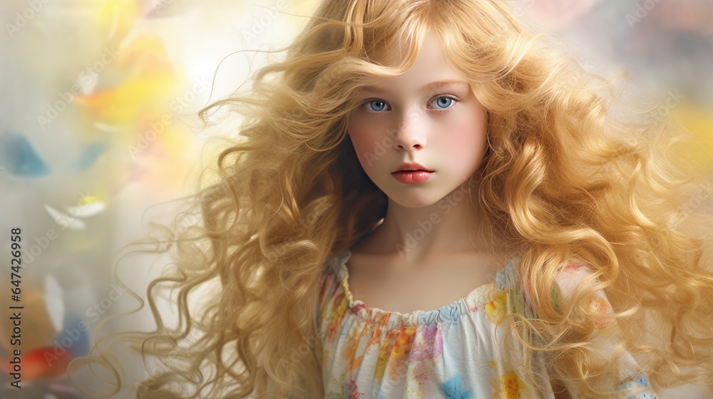 Beautiful cute kid, girl with long curly hair. Close up of girl's face. Illustration for cover, card, postcard, interior design, decor or print. Beautiful cute kid, girl with long curly hair. Close up of girl's face. Illustration for cover, card, postcard, interior design, decor or print.