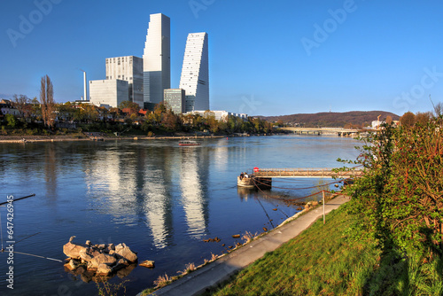 Skyline of Basel, Switzerland along the Rhine River featuring the biotech campus and Roche Towers as of 2023 photo