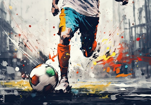 Close-up of a football player's legs leading the ball forward. Active lifestyle. Sports competition or training concept. Digital art in watercolor style. Illustration for cover, card, print, etc. © Login