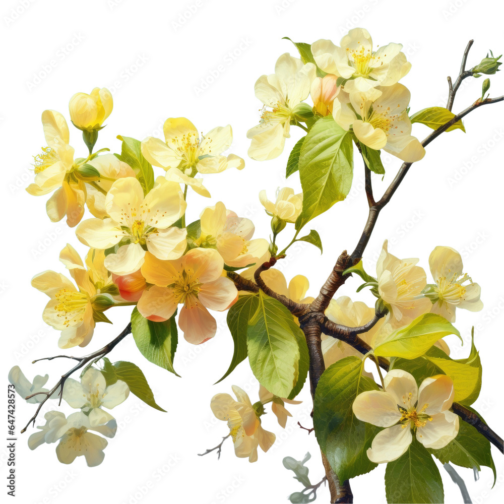 Obraz premium Yellow apple and appletree blossoms on a transparent background
