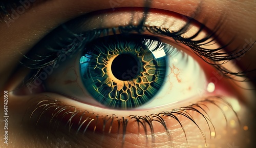 Cybermysticsteampunk Gaze: Woman's Eye in Cross-Processed Dark Green and Azure, Close up detail, eye macro, fashion naturel makeup, , generative AI photo