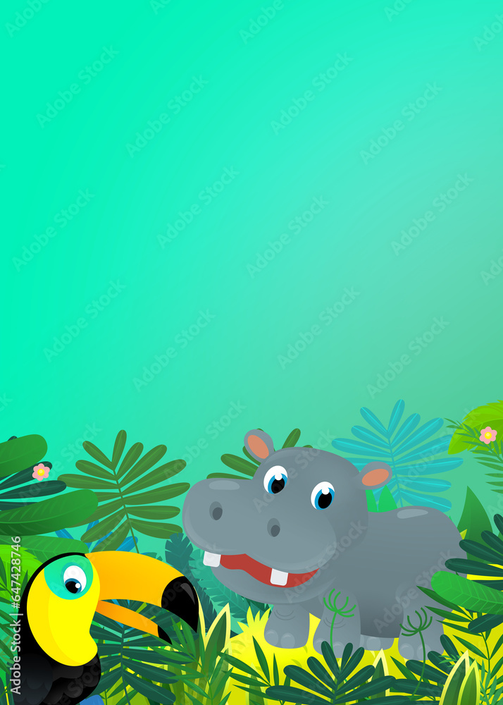 Fototapeta premium Cartoon wild animal happy young hippo hippopotamus with other animal friend in the jungle isolated illustration for children