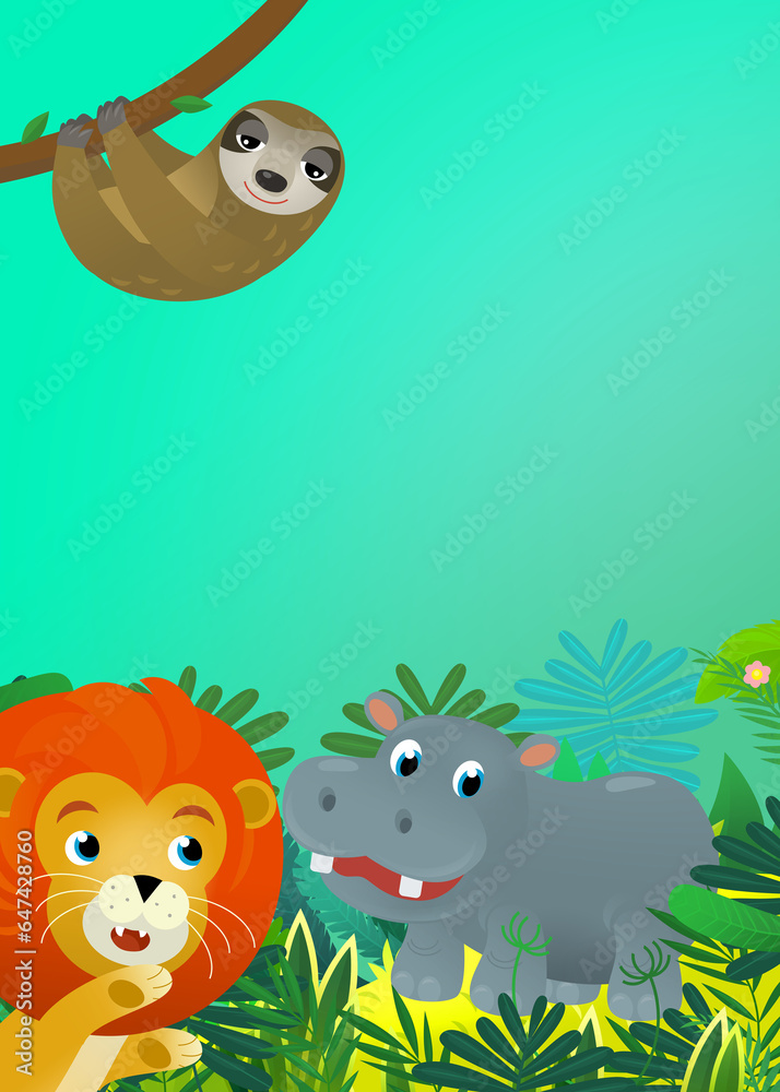 Obraz premium Cartoon wild animal happy young hippo hippopotamus with other animal friend in the jungle isolated illustration for children