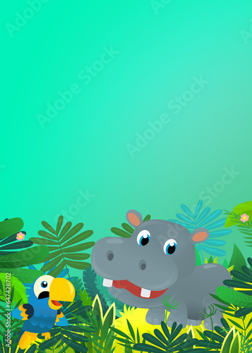 Cartoon wild animal happy young hippo  hippopotamus with other animal friend in the jungle isolated illustration for children