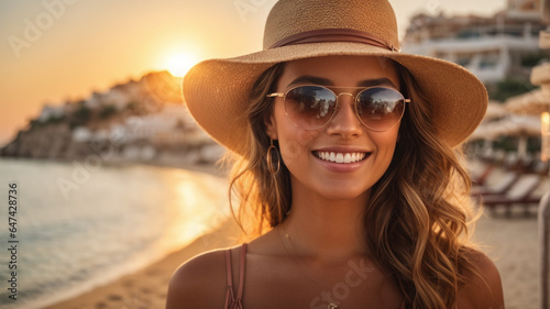 Happy smiling woman on beach vacation, wearing light dress and hat, sunny summer day with blue sky