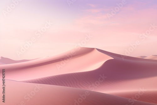 A peaceful desert landscape with curved sand hills and a sky glowing in a gradient of soft pink hues. Generative AI