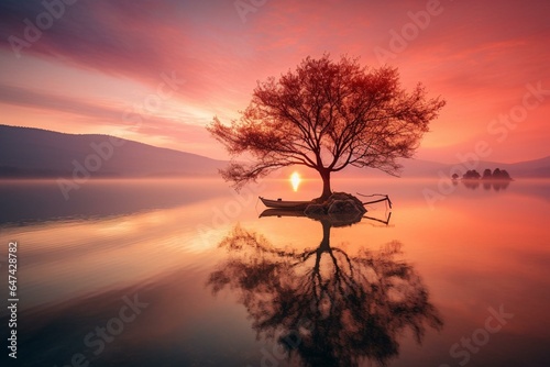 Serene lakeside sunrise embraced by nature. Generative AI