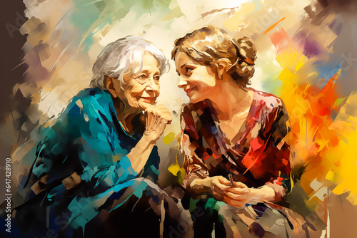 Mature female friendships illustration. A woman in her senior years is enjoying a conversation with her grandchildren or daughters as she spends her later years in retirement.