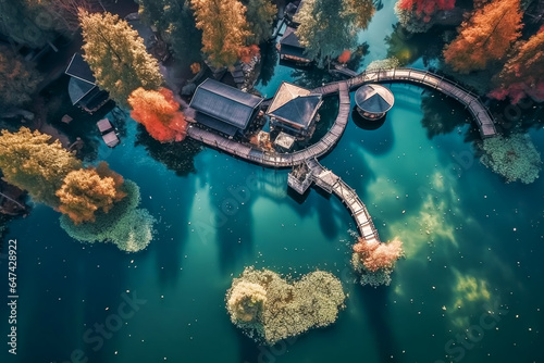 Foto Scenery forest and lake illustration from the sky, as if shot by a drone