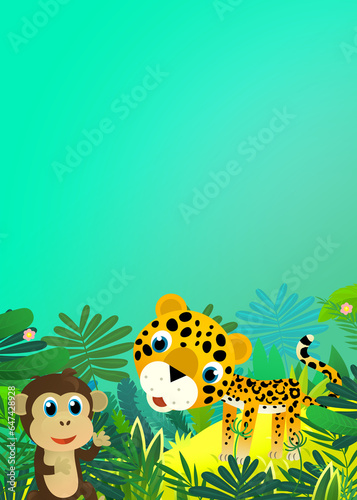 Fototapeta Naklejka Na Ścianę i Meble -  cartoon scene with happy tropical animal cat jaguar cheetah in the jungle illustration for children