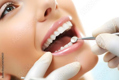 Close up of dentist hand using dental forceps while putting orthodontic braces on female patient teeth. Bright background, banner with copy space