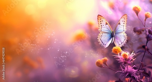 Beautiful butterfly on flower background with bokeh effect. Nature composition. © artem