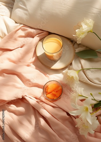 Breakfast in bed. Pleasant dawn light, pastel shades © artem