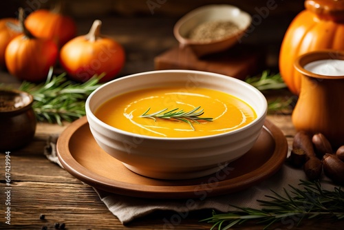 A steaming bowl of creamy pumpkin soup, garnished with a drizzle of olive oil and a sprinkle of fresh herbs, enticing the viewer with its comforting and autumnal appeal.