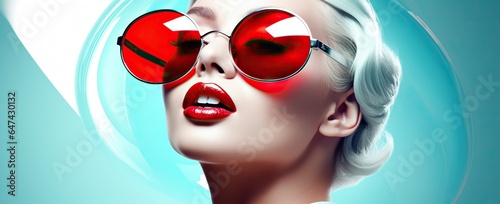 blonde in red glasses on a blue background