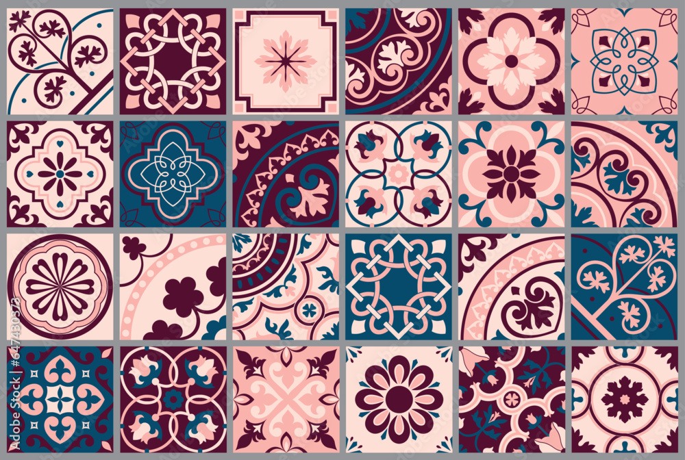 Set of patterned floor tiles. Mediterranean seamless pattern. Traditional Portuguese tiles. Vector illustration