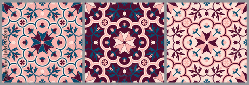 Mediterranean tile abstract geometric floral patterns. Portuguese culture, in blue and rose. Vector illustration