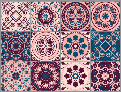 Set neutral mandala tiles and floors. Patchwork for wallpaper. Traditional Portuguese mosaic design. Spanish majolica tile pattern. Vector illustration. Geoetric florals