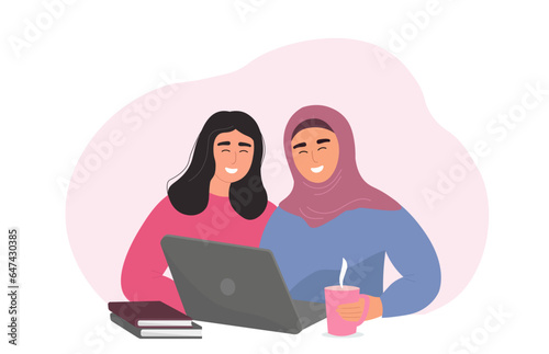 Two girls friends with a laptop, communicate, study, work. A woman in a hijab and with her head uncovered together. Vector flat graphics.