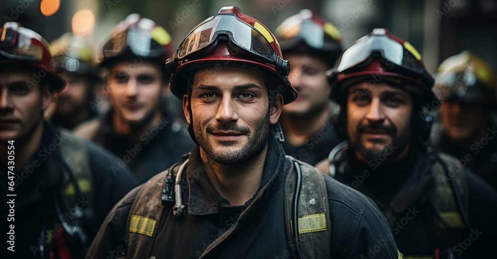 Group of firemen wearing fire fighter helmets and uniform Group of firemen wearing fire fighter helmets and uniform