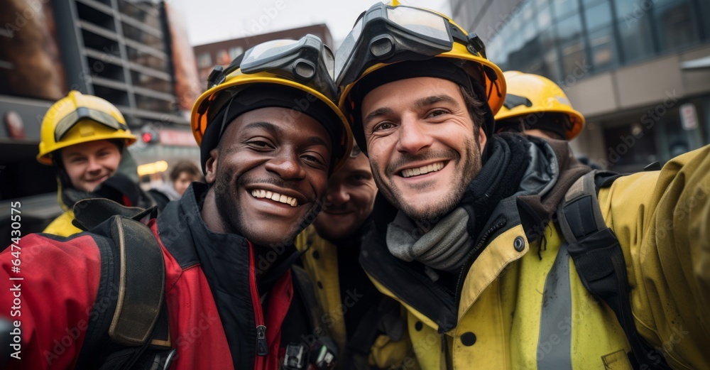 Group of firemen wearing fire fighter helmets and uniform Group of firemen wearing fire fighter helmets and uniform