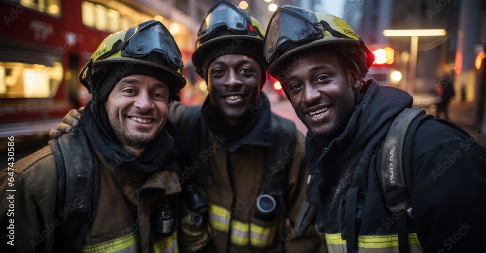 Group of firemen wearing fire fighter helmets and uniform Group of firemen wearing fire fighter helmets and uniform