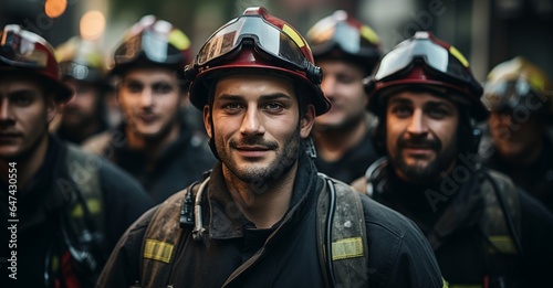 Group of firemen wearing fire fighter helmets and uniform