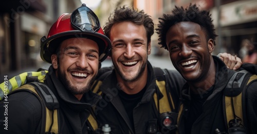 Group of firemen wearing fire fighter helmets and uniform
