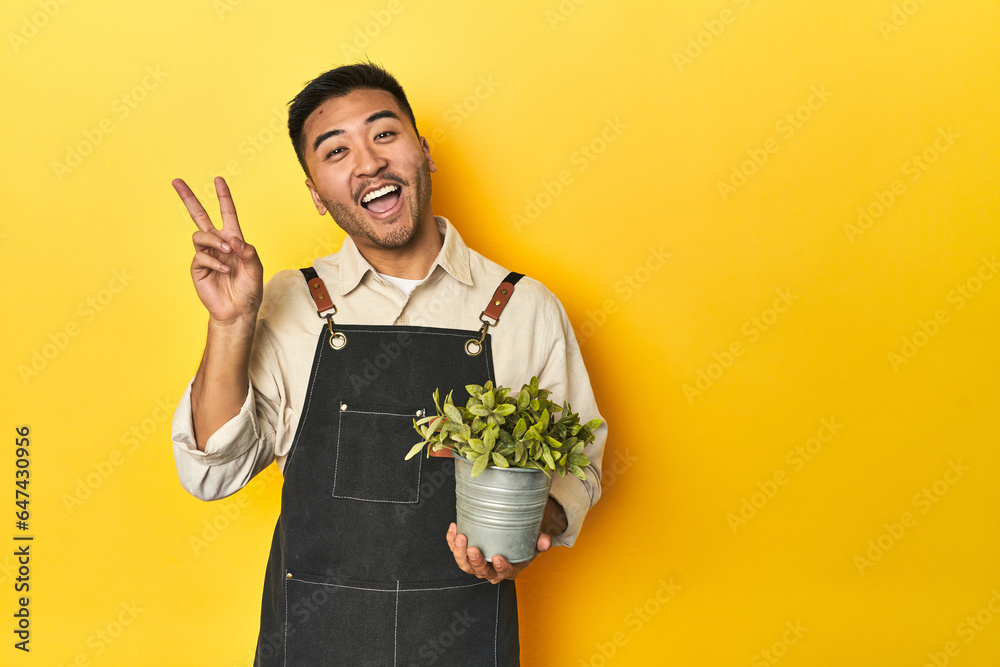 Asian gardener man holding a plant, yellow studio backdrop joyful and carefree showing a peace symbol with fingers. Asian gardener man holding a plant, yellow studio backdrop joyful and carefree showing a peace symbol with fingers.
