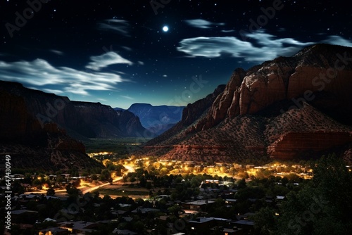 Night view of Springdale, Utah and Zion National Park. Generative AI photo